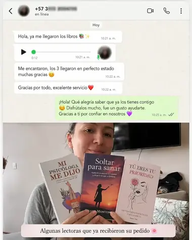 Mensaje de WhatsApp de Andrea Martínez mostrando su libro recibido
