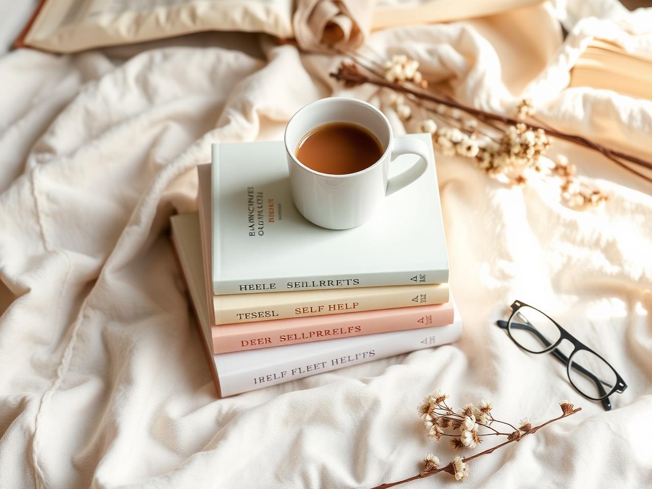 Libros de la colección sobre una manta con una taza de café